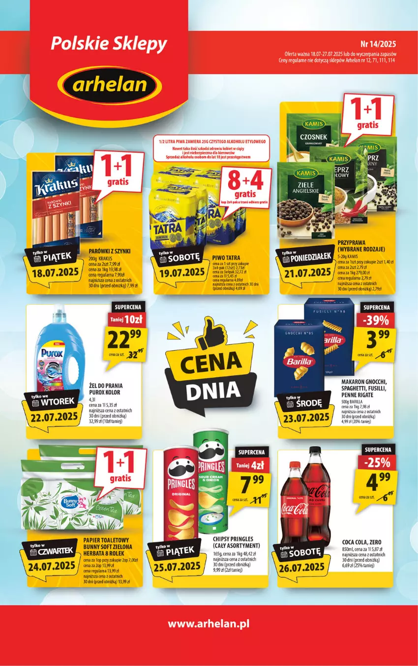 Gazetka promocyjna Arhelan - Gazetka - ważna 18.07 do 27.07.2025 - strona 1 - produkty: Barilla, Chipsy, Fa, Gnocchi, Herbata, Kamis, Krakus, Makaron, Papier, Papier toaletowy, Parówki, Parówki z szynki, Penne, Piwo, Pringles, Spaghetti, Tatra