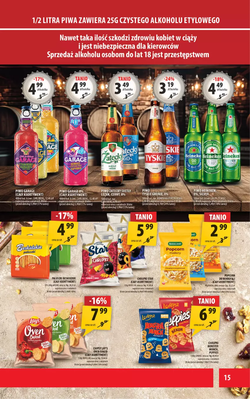 Gazetka promocyjna Arhelan - Gazetka - ważna 18.07 do 27.07.2025 - strona 15 - produkty: Aksam, Bakalland, Beskidzki, Carlsberg, Chipsy, Chrupki, Fa, Lorenz, Monster Munch, Piwo, Popcorn