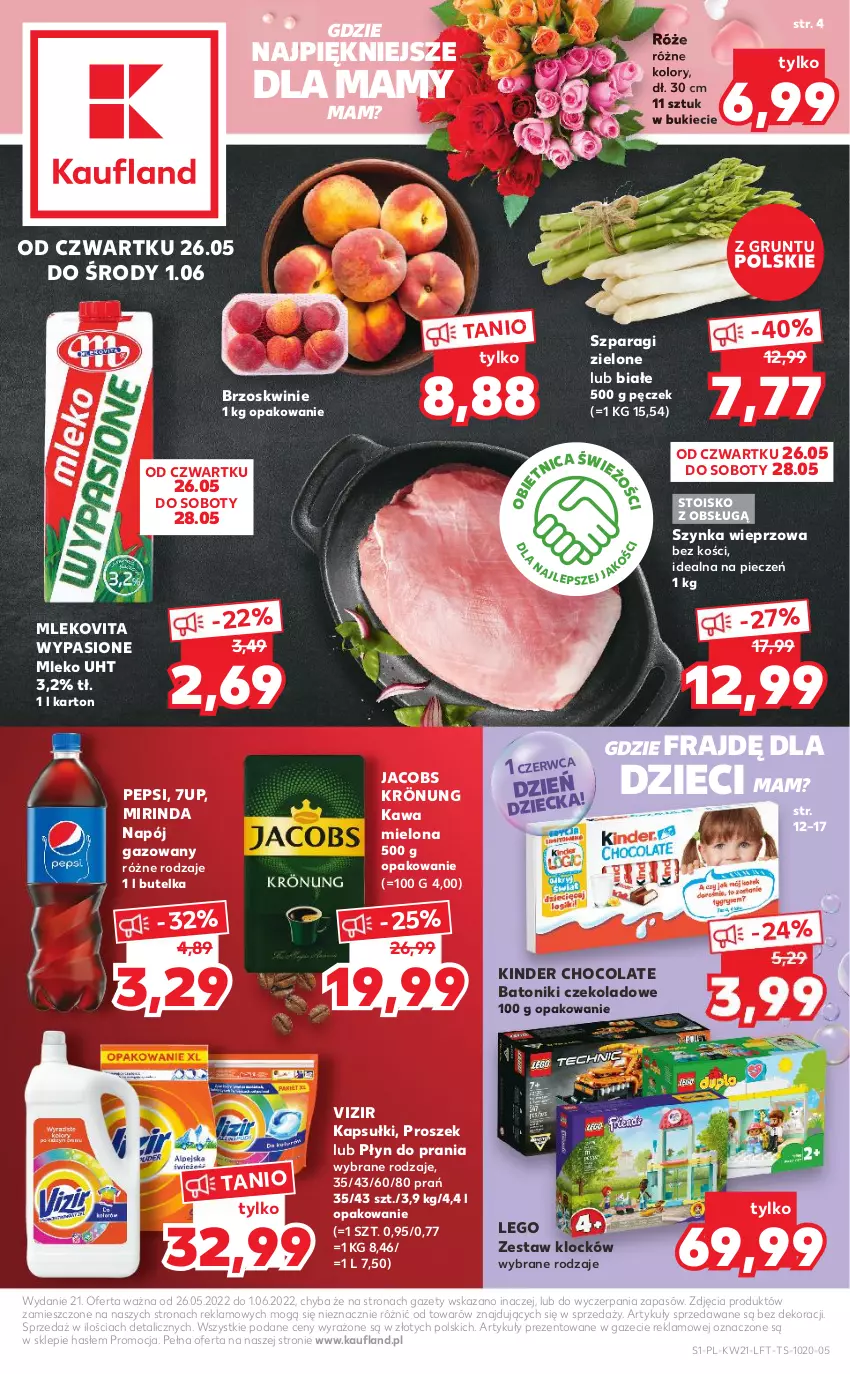 Gazetka promocyjna Kaufland - OFERTA TYGODNIA - ważna 26.05 do 01.06.2022 - strona 1 - produkty: 7up, Baton, Brzoskwinie, Dzieci, Jacobs, Jacobs Krönung, Kawa, Kawa mielona, Kinder, LEGO, Mirinda, Mleko, Mlekovita, Napój, Napój gazowany, Pepsi, Piec, Płyn do prania, Szynka, Szynka wieprzowa, Tonik, Vizir