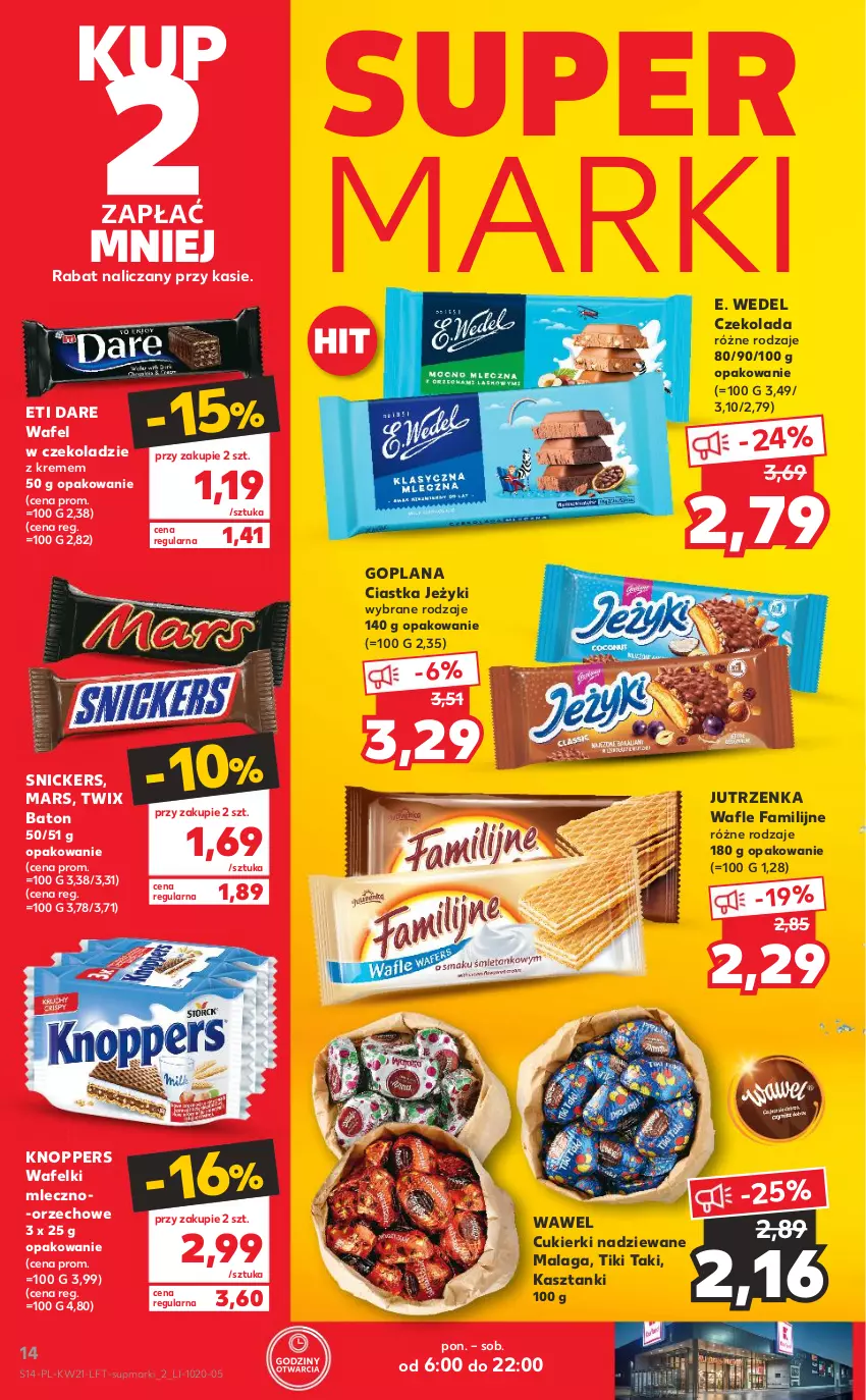 Gazetka promocyjna Kaufland - OFERTA TYGODNIA - ważna 26.05 do 01.06.2022 - strona 14 - produkty: Baton, Ciastka, Cukier, Cukierki, Cukierki nadziewane, Czekolada, E. Wedel, Fa, Goplana, Jeżyki, Jutrzenka, Knoppers, LANA, Mars, Snickers, Twix, Wafle, Wawel