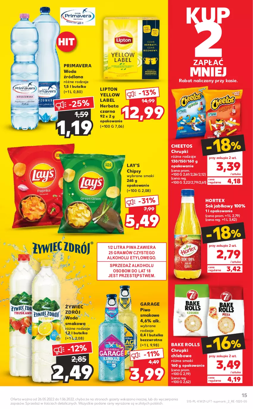 Gazetka promocyjna Kaufland - OFERTA TYGODNIA - ważna 26.05 do 01.06.2022 - strona 15 - produkty: Bake Rolls, Cheetos, Chipsy, Chleb, Chrupki, Chrupki chlebowe, Gra, Herbata, Herbata czarna, Hortex, LANA, Lipton, Piwa, Piwo, Prima, Primavera, Sok, Sok jabłkowy, Woda