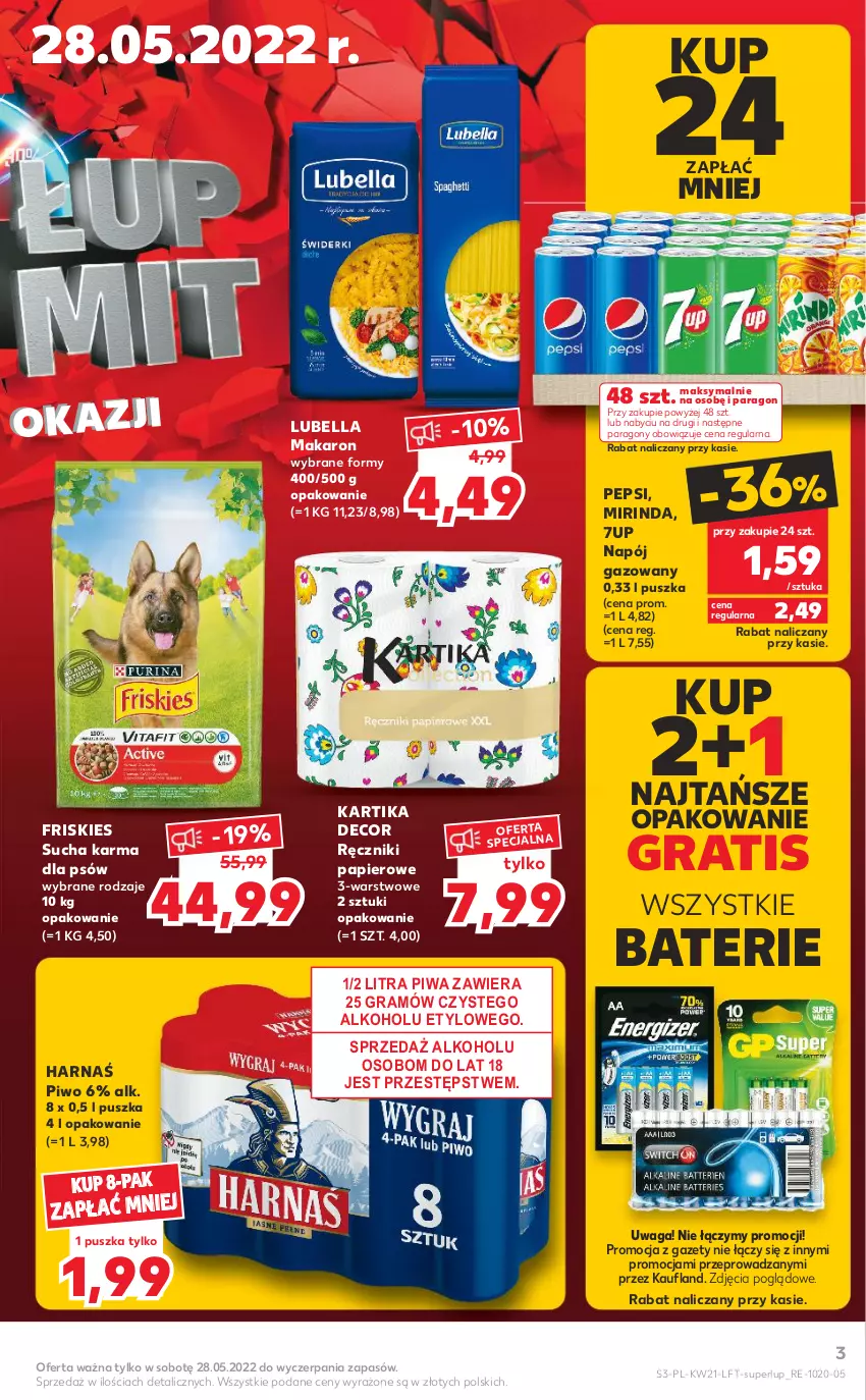 Gazetka promocyjna Kaufland - OFERTA TYGODNIA - ważna 26.05 do 01.06.2022 - strona 3 - produkty: 7up, Bell, Bella, Friskies, Gra, Harnaś, Lubella, Makaron, Mirinda, Napój, Napój gazowany, Papier, Pepsi, Piwa, Piwo, Ręcznik, Ręczniki papierowe, Sucha karma, Waga