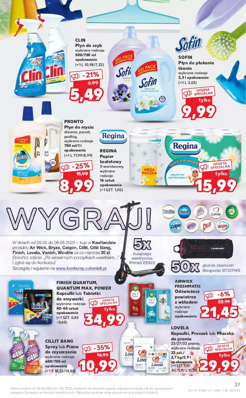 Gazetka promocyjna Kaufland - OFERTA TYGODNIA - ważna 26.05 do 01.06.2022 - strona 37 - produkty: Cillit Bang, Clin, Finish, Gin, Lovela, Mleczko, Mleczko do prania, Odświeżacz powietrza, Papier, Papier toaletowy, Płyn do mycia, Płyn do płukania, Płyn do szyb, Pronto, Tablet, Tabletki do zmywarki, Zmywarki