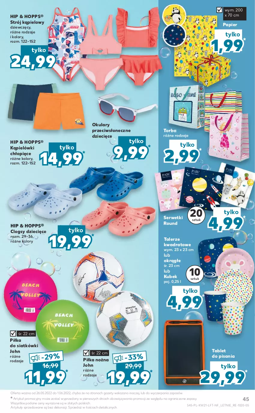 Gazetka promocyjna Kaufland - OFERTA TYGODNIA - ważna 26.05 do 01.06.2022 - strona 45 - produkty: Clogsy, Dzieci, Gra, Kubek, Noż, Papier, Piłka nożna, Ser, Serwetki, Strój kąpielowy, Tablet, Talerz, Torba