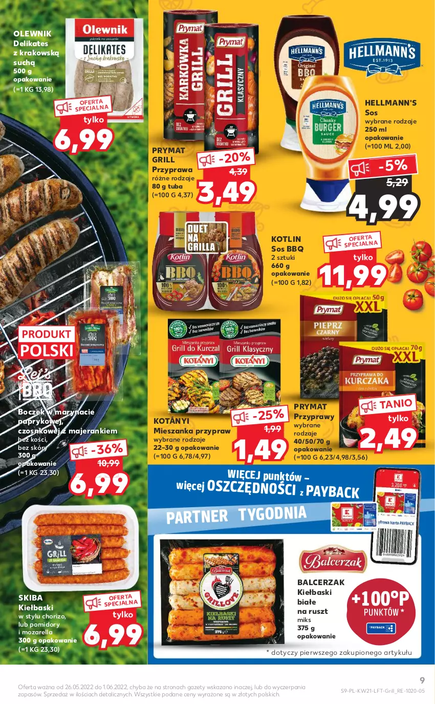 Gazetka promocyjna Kaufland - OFERTA TYGODNIA - ważna 26.05 do 01.06.2022 - strona 9 - produkty: Boczek, Grill, Kiełbaski białe, Kotányi, Kotlin, Olewnik, Pomidory, Prymat, Przyprawy, Sos