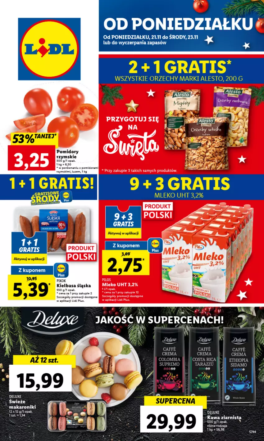 Gazetka promocyjna Lidl - GAZETKA - ważna 21.11 do 23.11.2022 - strona 1 - produkty: Gra, Kawa, Kawa ziarnista, Kiełbasa, Kiełbasa śląska, Makaron, Mleko, PIKOK, Pomidory, Por, Rama