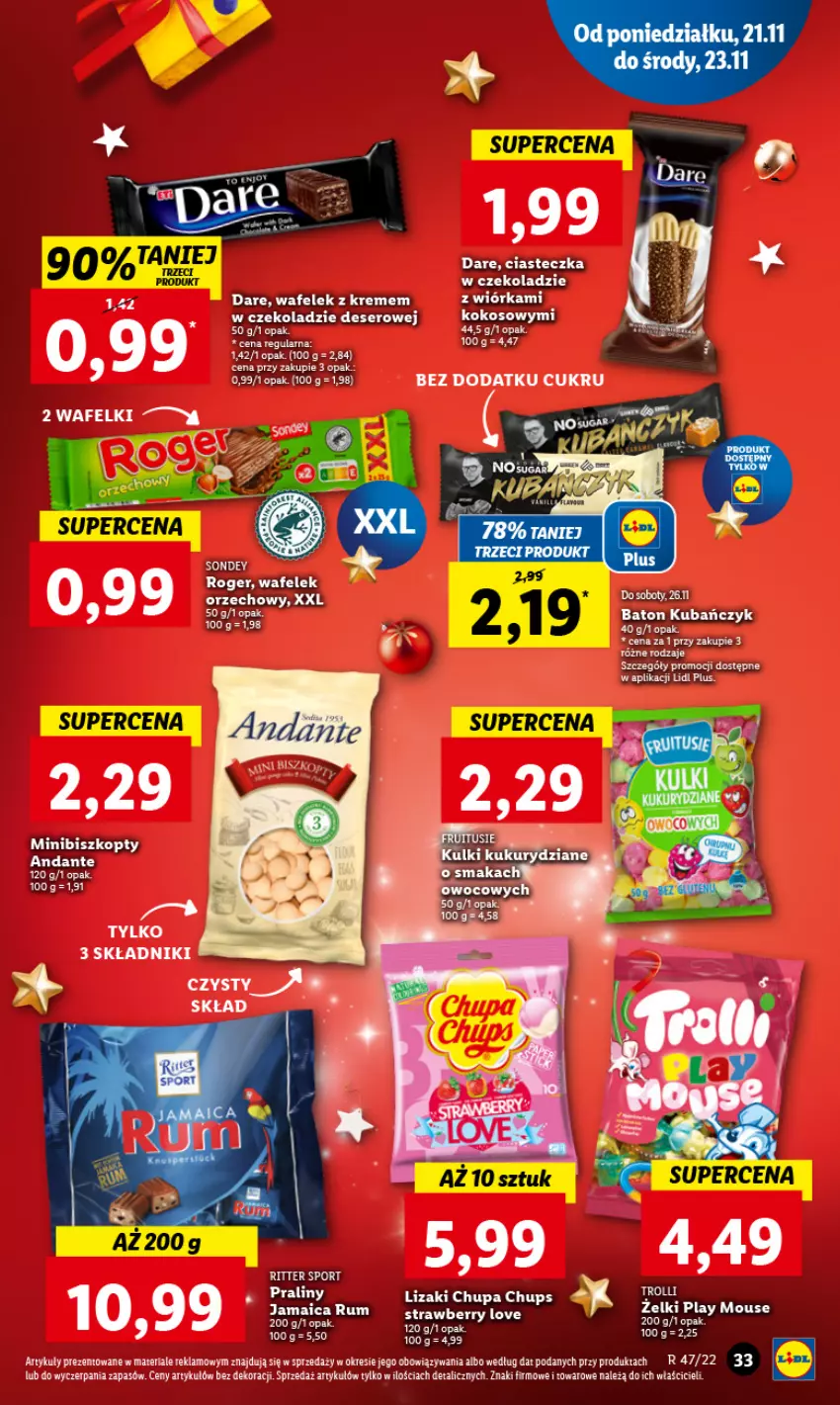 Gazetka promocyjna Lidl - GAZETKA - ważna 21.11 do 23.11.2022 - strona 37 - produkty: Baton, Chupa Chups, Deser, Fa, Lizaki, Por, Praliny, Ser, Wafelek