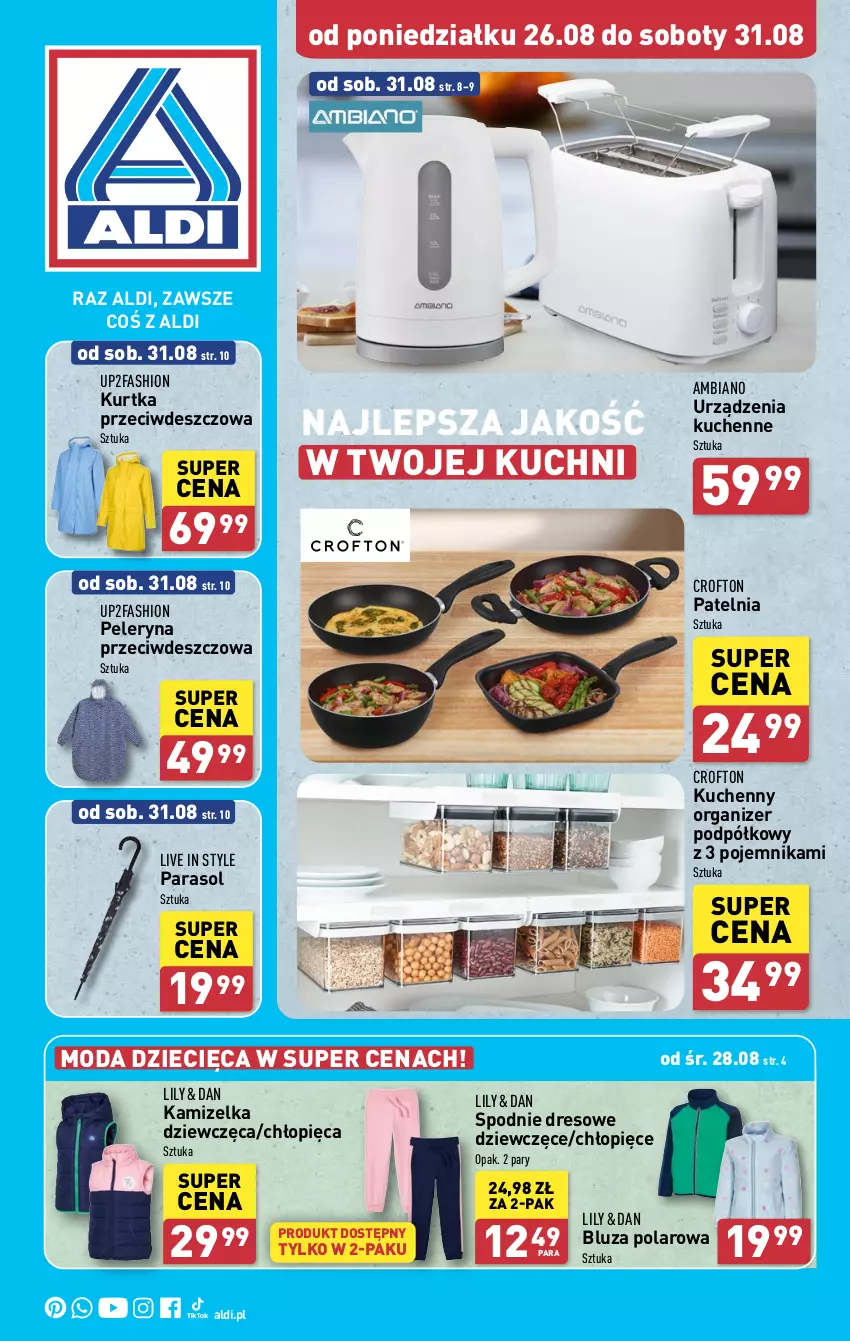 Gazetka promocyjna Aldi - Artykuły przemysłowe i tekstylia - ważna 26.08 do 31.08.2024 - strona 1 - produkty: Bluza, Bluza polarowa, Dres, Dzieci, Fa, Kamizelka, Kurtka, Moda, Organizer, Parasol, Patelnia, Pojemnik, Spodnie, Spodnie dresowe