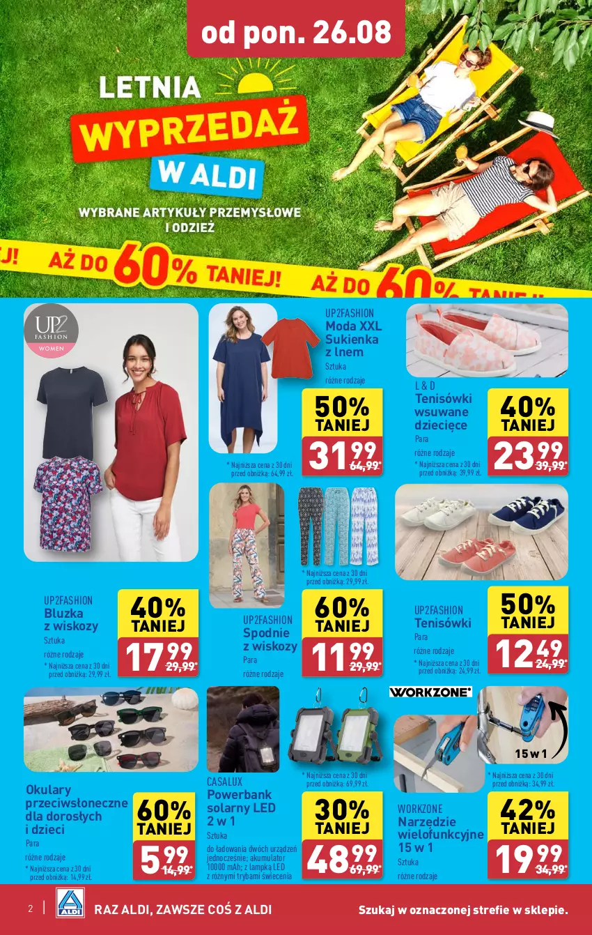 Gazetka promocyjna Aldi - Artykuły przemysłowe i tekstylia - ważna 26.08 do 31.08.2024 - strona 2 - produkty: Akumulator, Dzieci, Fa, Moda, Powerbank, Ryba, Spodnie, Sukienka, Tenisówki