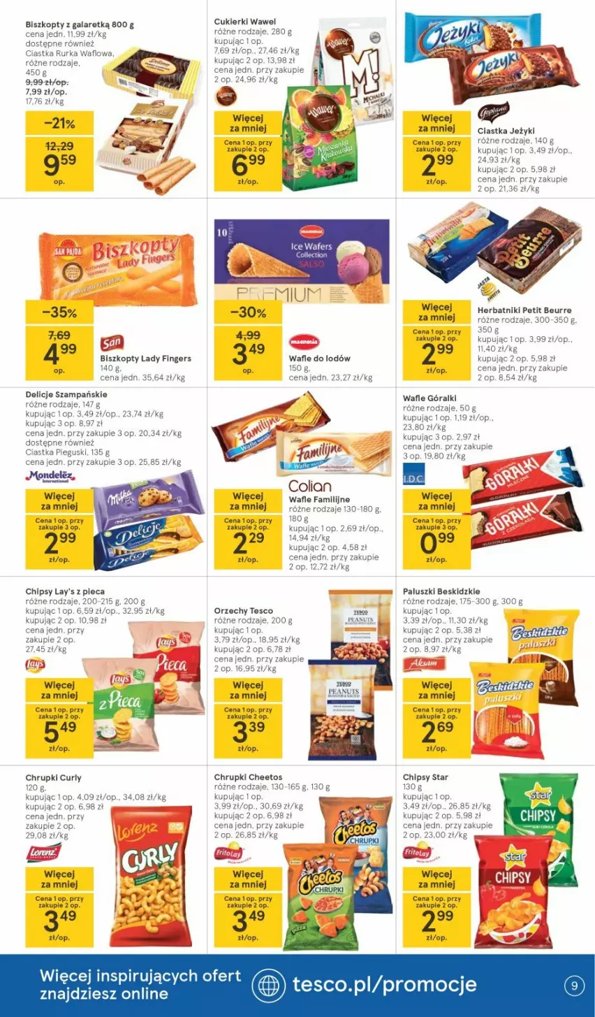 Gazetka promocyjna Tesco - Tesco gazetka - przyszły tydzień - ważna 29.04 do 05.05.2021 - strona 9 - produkty: Beskidzki, Biszkopty, Cheetos, Chipsy, Chrupki, Ciastka, Cukier, Cukierki, Fa, Góralki, Herbatniki, Herbatniki Petit Beurre, Jeżyki, Piec, Top, Wafle, Wawel