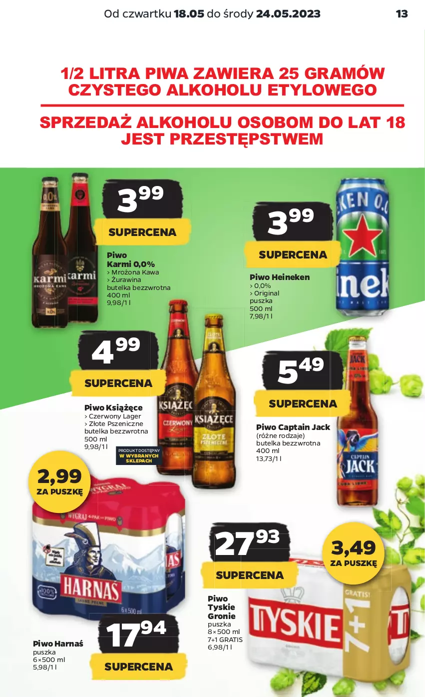 Gazetka promocyjna Netto - Artykuły spożywcze - ważna 18.05 do 24.05.2023 - strona 13 - produkty: Captain Jack, Gin, Gra, Harnaś, Heineken, Karmi, Kawa, Książęce, Piwa, Piwo, Tyskie