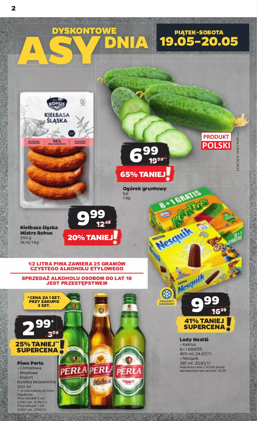 Gazetka promocyjna Netto - Artykuły spożywcze - ważna 18.05 do 24.05.2023 - strona 2 - produkty: Gra, Grunt, Kaktus, Kiełbasa, Kiełbasa śląska, Lody, Nesquik, Nestlé, Ogórek, Perła, Piwa, Piwo, Por