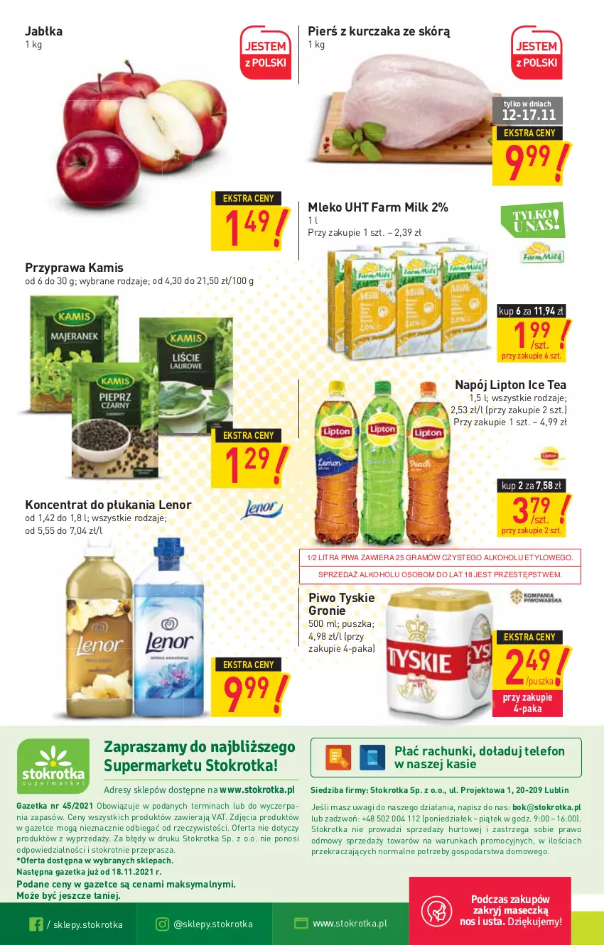 Gazetka promocyjna Stokrotka - Supermarket - ważna 10.11 do 17.11.2021 - strona 20 - produkty: Fa, Farm Milk, Gra, Ice tea, Jabłka, Kamis, Kurczak, Lenor, Lipton, Mleko, Napój, O nas, Piwa, Piwo, Telefon, Tyskie, Wagi