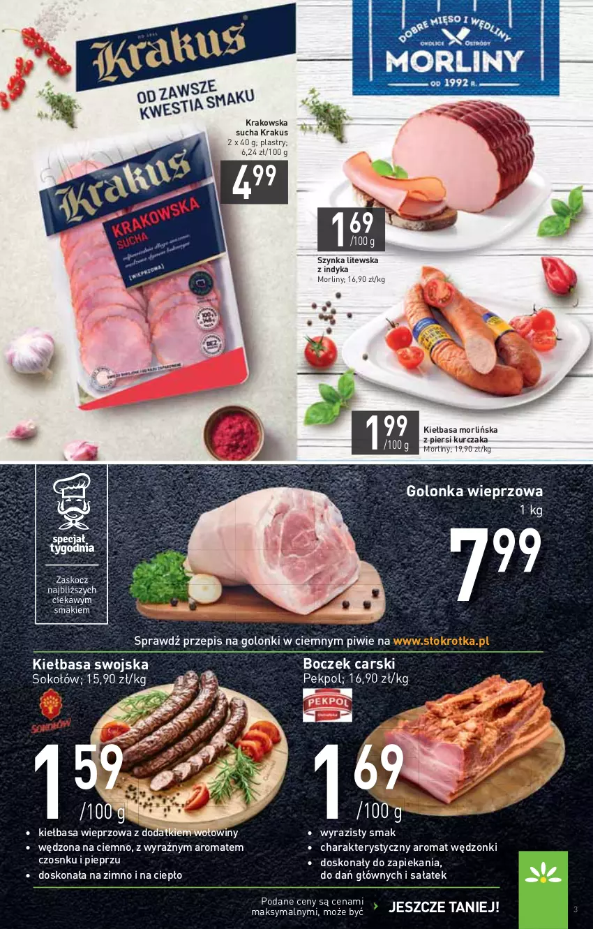 Gazetka promocyjna Stokrotka - Supermarket - ważna 10.11 do 17.11.2021 - strona 3 - produkty: Boczek, Cars, Golonka wieprzowa, Kiełbasa, Krakus, Kurczak, Morliny, Pekpol, Pieprz, Sałat, Sok, Sokołów, Szynka