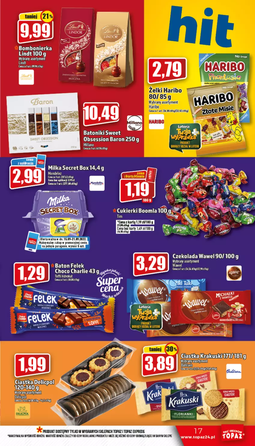 Gazetka promocyjna Topaz - Gazetka - ważna 15.09 do 21.09.2022 - strona 17 - produkty: Baton, Cukier, Cukierki, Czekolada, Haribo, Milka, SESSIO, Top, Wawel