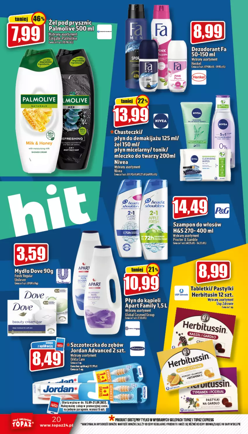 Gazetka promocyjna Topaz - Gazetka - ważna 15.09 do 21.09.2022 - strona 20 - produkty: Chusteczki, Colgate, Dezodorant, Dove, Fa, LG, Makijaż, Mleczko, Mydło, Nivea, Palmolive, Pastylki, Płyn do kąpieli, Płyn micelarny, Sok, Szampon, Szczoteczka, Szczoteczka do zębów, Tablet, Tonik, Top