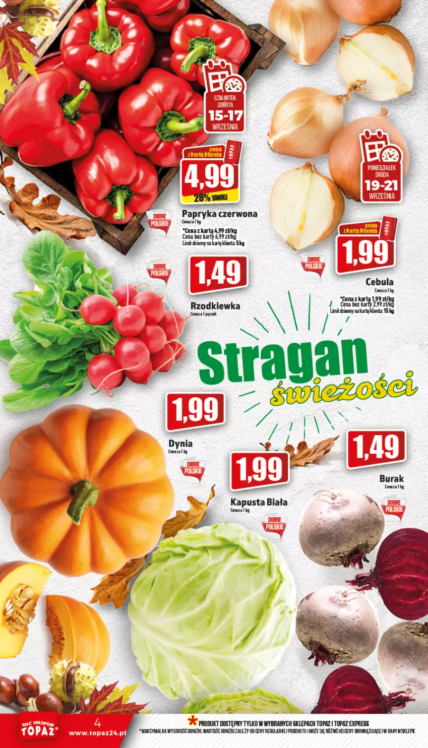 Gazetka promocyjna Topaz - Gazetka - ważna 15.09 do 21.09.2022 - strona 4 - produkty: Cebula, Noż, Papryka, Papryka czerwona, Sok, Top