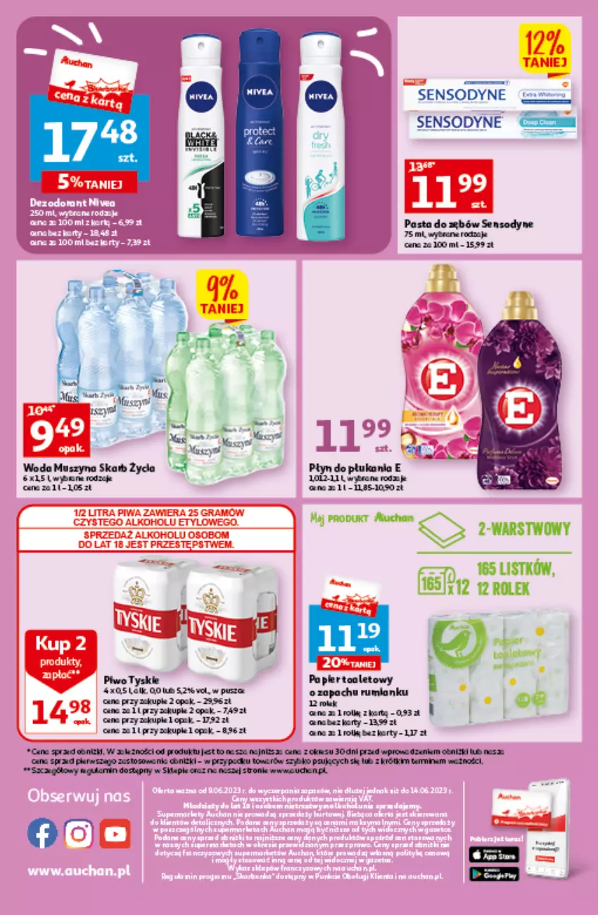 Gazetka promocyjna Auchan - Gazetka Oferta tygodnia Supermarket Auchan - ważna 09.06 do 14.06.2023 - strona 8 - produkty: Dezodorant, Gra, Mus, Nivea, Noż, Papier, Piwa, Piwo, Rum, Sensodyne, Szyna, Tyskie, Woda