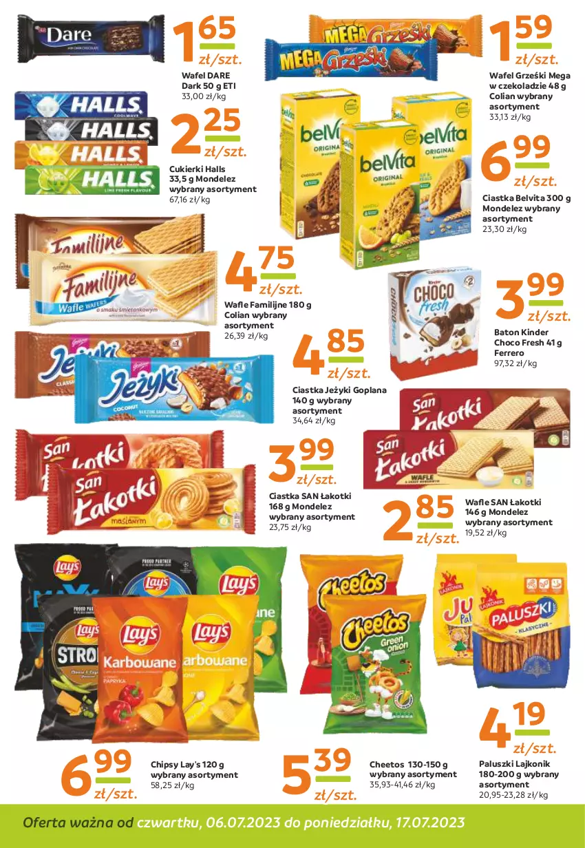 Gazetka promocyjna Gama - Gazetka Gama - ważna 17.07.2023 do 06.07.2024 - strona 4 - produkty: Baton, BelVita, Cheetos, Chipsy, Ciastka, Cukier, Cukierki, Fa, Ferrero, Goplana, Grześki, Halls, Jeżyki, Kinder, Lajkonik, LANA