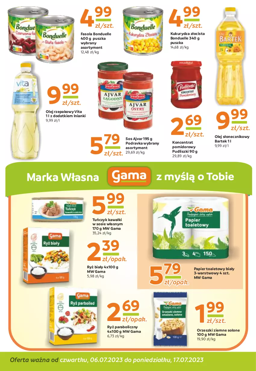 Gazetka promocyjna Gama - Gazetka Gama - ważna 17.07.2023 do 06.07.2024 - strona 8 - produkty: Bartek, Bonduelle, Fa, Fasola, Kawa, Koncentrat pomidorowy, Kukurydza, Olej, Olej rzepakowy, Olej słonecznikowy, Orzeszki, Orzeszki ziemne, Papier, Papier toaletowy, Podravka, Pudliszki, Ryż, Ryż biały, Sos, Tuńczyk