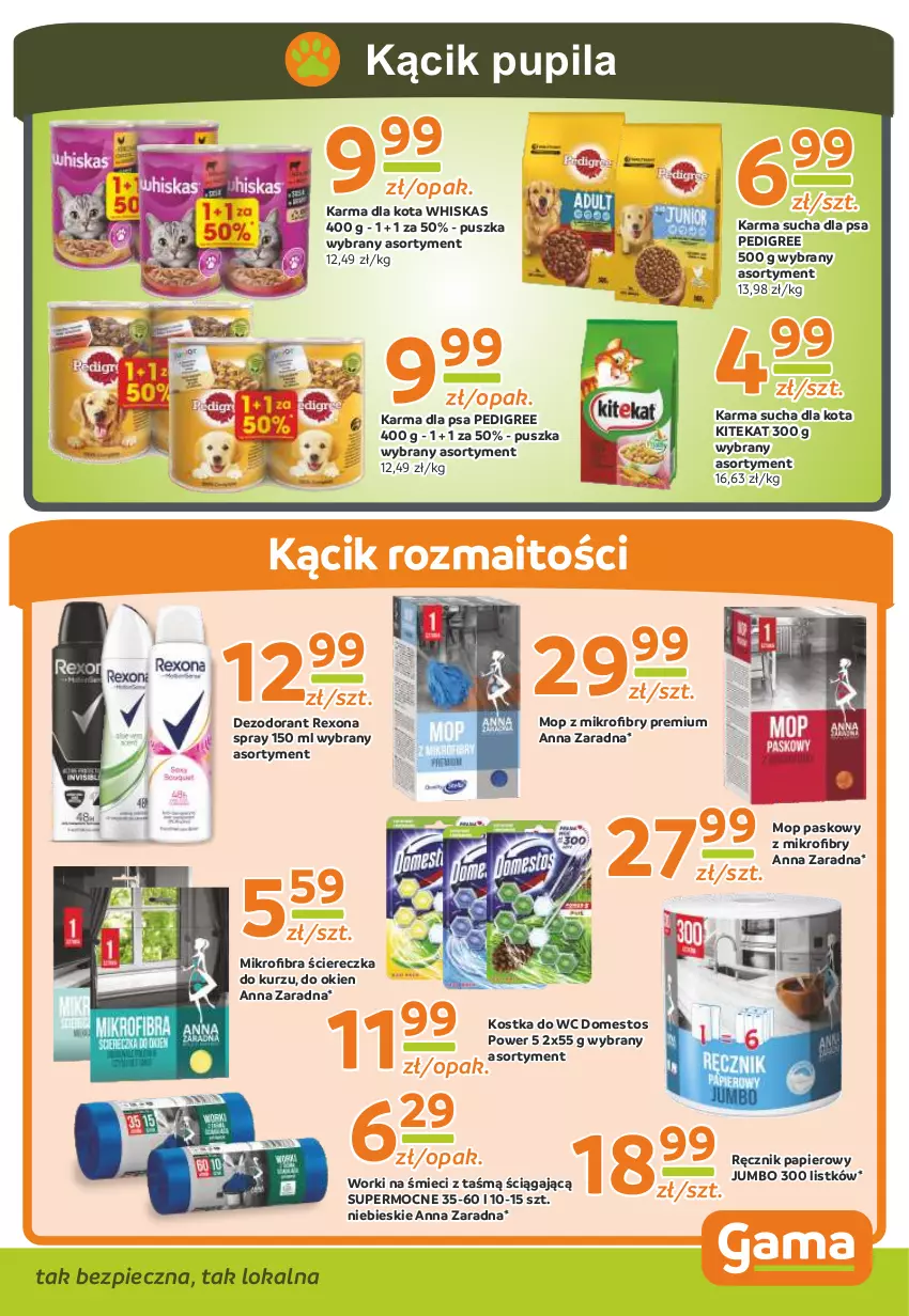 Gazetka promocyjna Gama - Gazetka Gama - ważna 17.07.2023 do 06.07.2024 - strona 9 - produkty: Dezodorant, Domestos, KiteKat, Kostka do wc, Mop, Papier, Pedigree, Piec, Ręcznik, Rexona, Whiskas, Worki na śmiec, Worki na śmieci