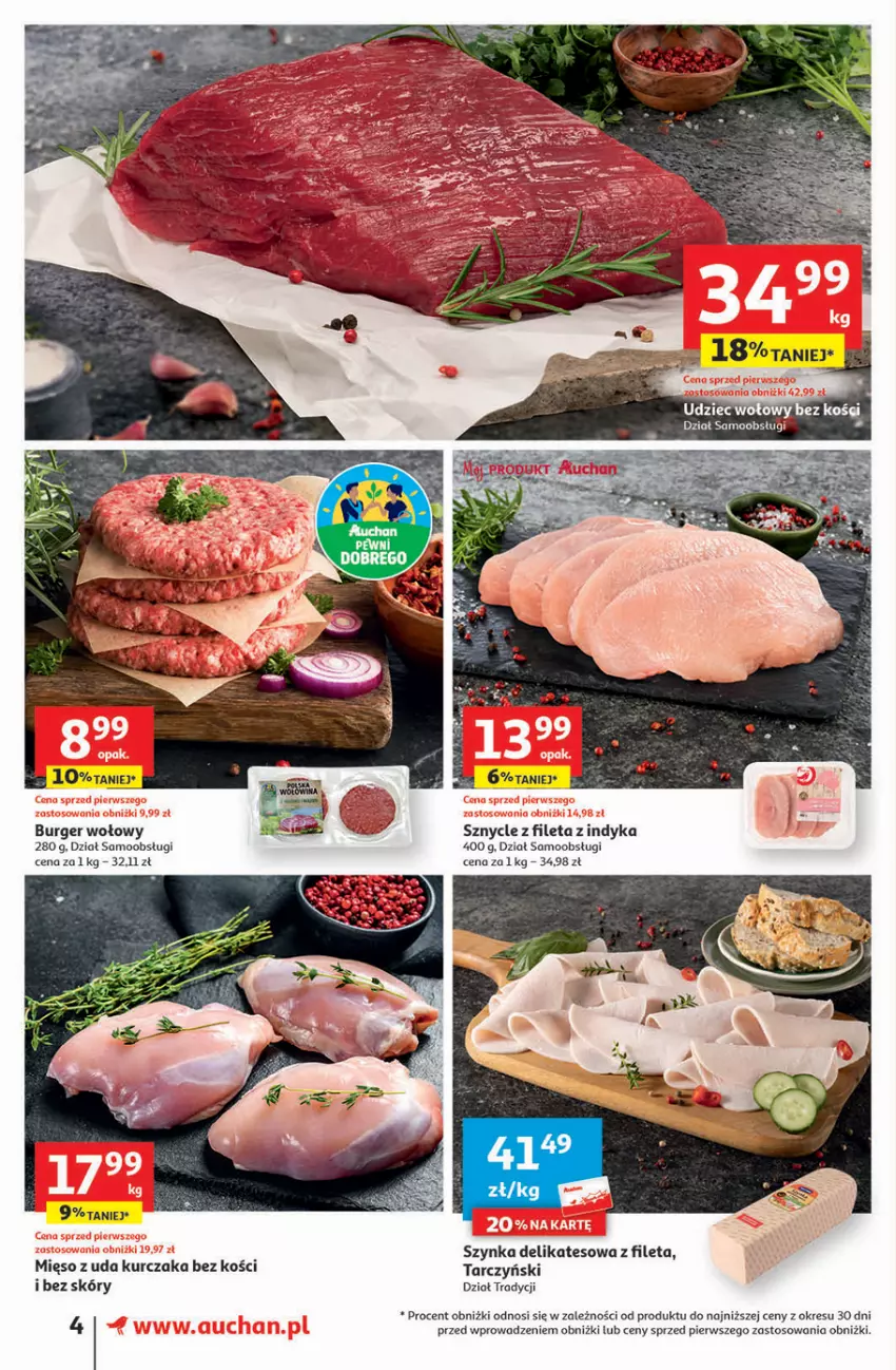 Gazetka promocyjna Auchan - Gazetka Oferta tygodnia Supermarket Auchan - ważna 07.09 do 13.09.2023 - strona 4 - produkty: Burger, Kurczak, Mięso, Mięso z uda kurczaka, Szynka, Szynka delikatesowa, Tarczyński