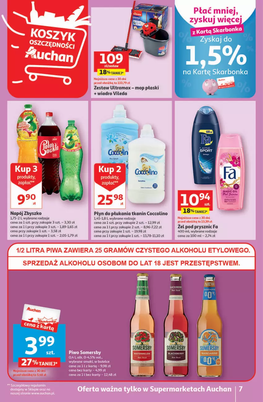 Gazetka promocyjna Auchan - Gazetka Oferta tygodnia Supermarket Auchan - ważna 07.09 do 13.09.2023 - strona 7 - produkty: Coccolino, Fa, Mop, Napój, Płyn do płukania, Rama, Vileda, Wiadro