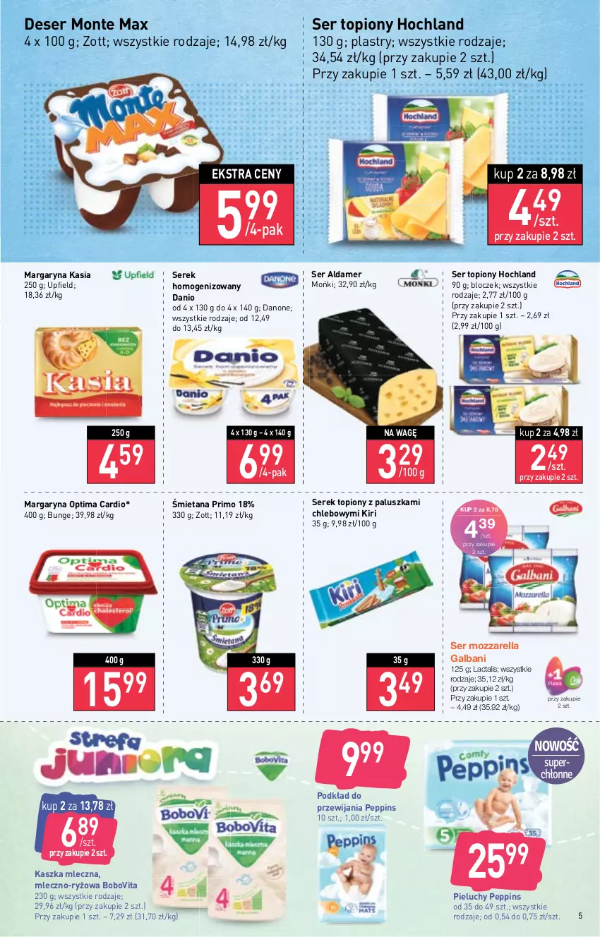 Gazetka promocyjna Stokrotka - Market - ważna 13.10 do 19.10.2022 - strona 5 - produkty: BoboVita, Chleb, Danio, Danone, Deser, Galbani, Hochland, Kasia, Margaryna, Monte, Mozzarella, Optima, Optima Cardio, Pieluchy, Podkład, Ryż, Ser, Ser topiony, Serek, Serek homogenizowany, Top, Zott