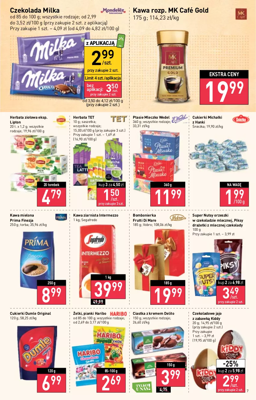 Gazetka promocyjna Stokrotka - Market - ważna 13.10 do 19.10.2022 - strona 7 - produkty: Ciastka, Cukier, Cukierki, Czekolada, Gin, Haribo, Herbata, Kawa, Kawa mielona, Kawa ziarnista, Lipton, Michałki, Milka, Mleczko, Orzeszki, Prima, Ptasie mleczko, Segafredo, Torba