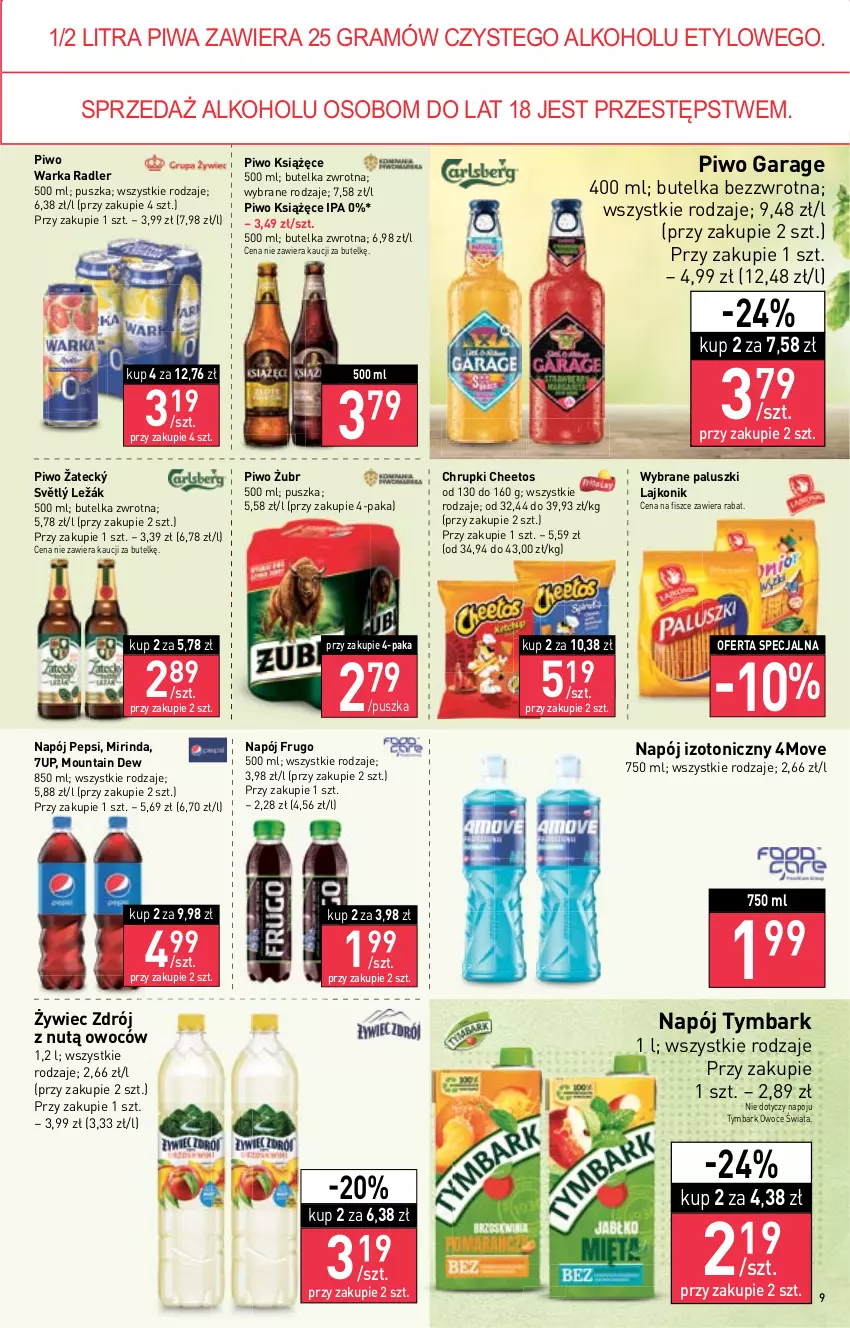 Gazetka promocyjna Stokrotka - Market - ważna 13.10 do 19.10.2022 - strona 9 - produkty: 7up, Cheetos, Chrupki, Gra, Książęce, Lajkonik, Mirinda, Napój, Napój izotoniczny, Owoce, Pepsi, Piwa, Piwo, Radler, Tymbark, Warka