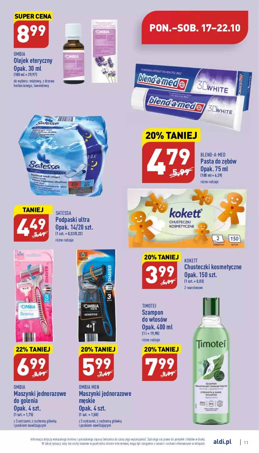 Gazetka promocyjna Aldi - Pełny katalog - ważna 17.10 do 22.10.2022 - strona 11 - produkty: Blend-a-Med, Chusteczki, Chusteczki kosmetyczne, Olej, Olejek eteryczny, Pasta do zębów, Podpaski, Szampon