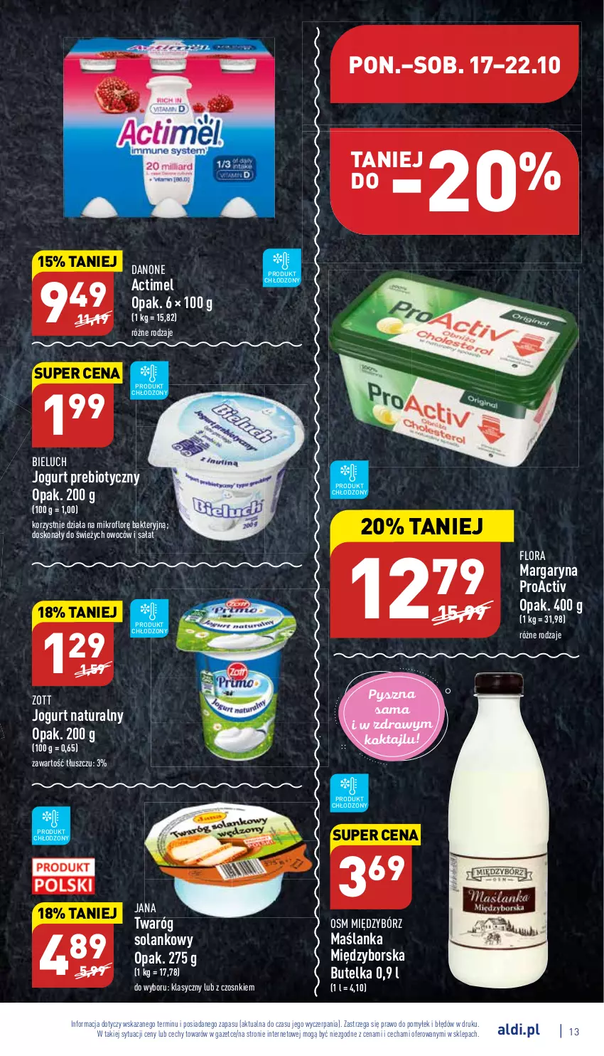 Gazetka promocyjna Aldi - Pełny katalog - ważna 17.10 do 22.10.2022 - strona 13 - produkty: Actimel, Bieluch, Danone, Flora, Jogurt, Jogurt naturalny, Margaryna, Maślanka, Sałat, Solan, Twaróg, Zott