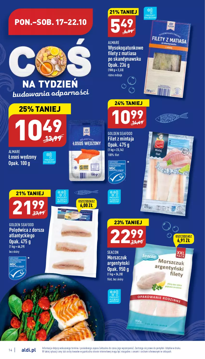 Gazetka promocyjna Aldi - Pełny katalog - ważna 17.10 do 22.10.2022 - strona 14 - produkty: Dorsz, Filet z mintaja, Golden Seafood, Mintaj, Polędwica, Por, Sok