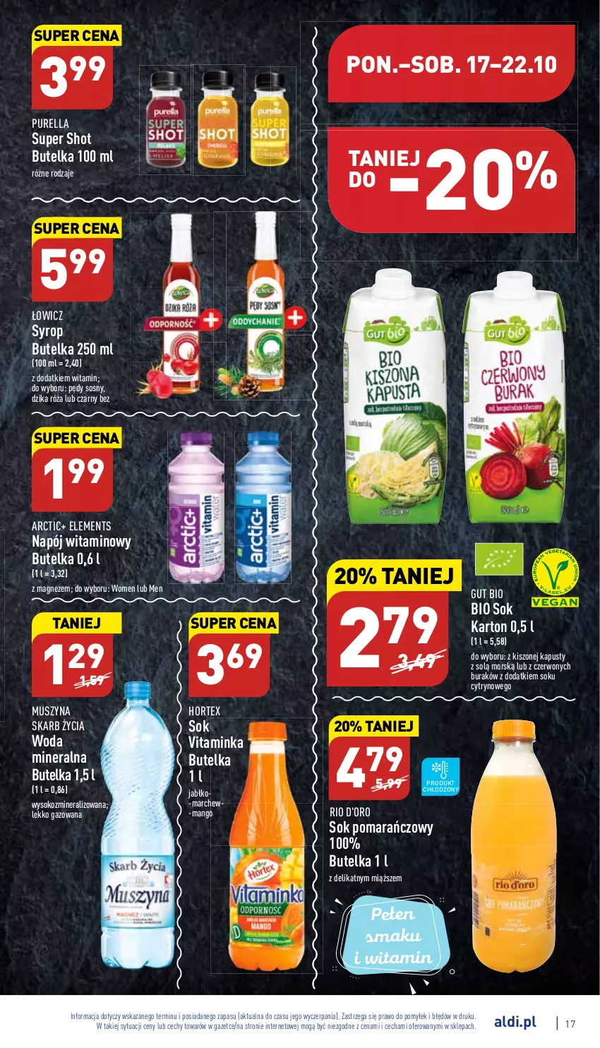 Gazetka promocyjna Aldi - Pełny katalog - ważna 17.10 do 22.10.2022 - strona 17 - produkty: Dzika róża, Hortex, Inka, Magnez, Mango, Mus, Napój, Pur, Róża, Sok, Sok pomarańczowy, Sos, Syrop, Szyna, Woda, Woda mineralna