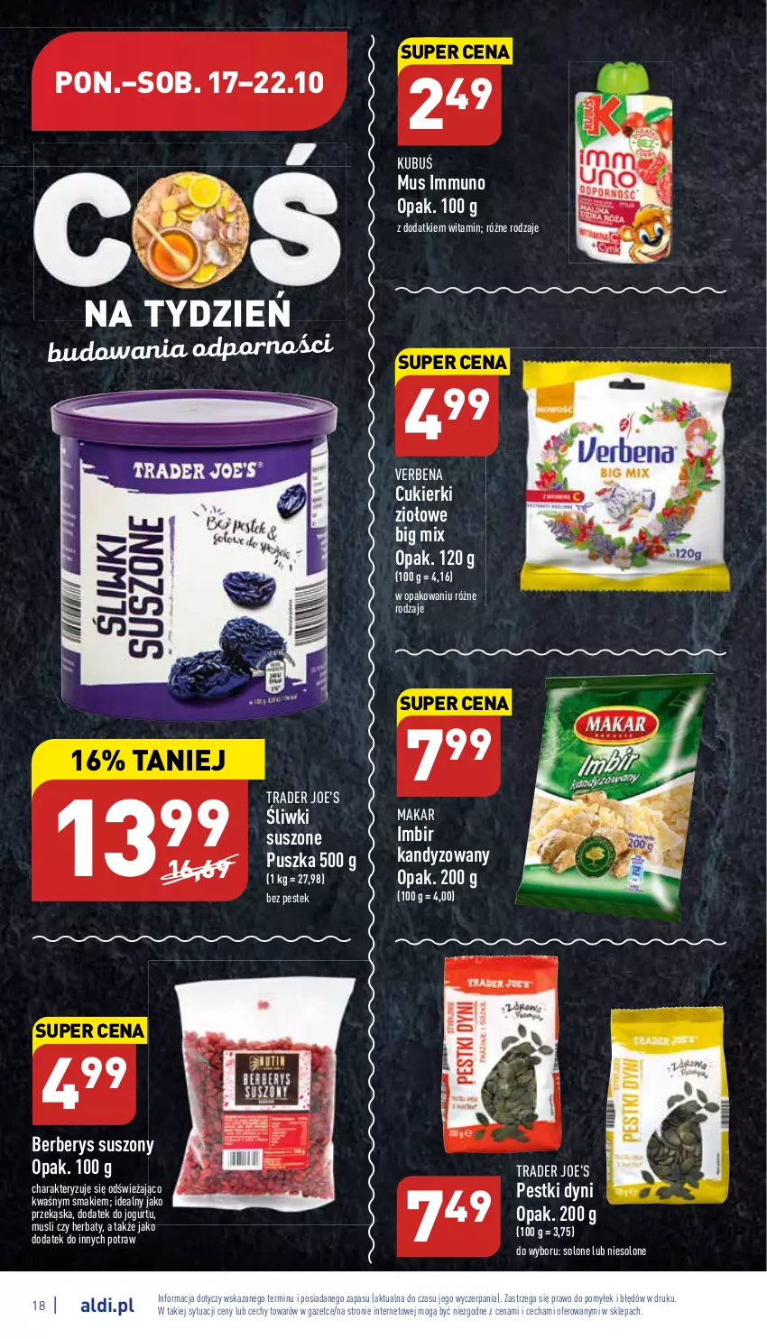 Gazetka promocyjna Aldi - Pełny katalog - ważna 17.10 do 22.10.2022 - strona 18 - produkty: Cukier, Cukierki, Imbir, Jogurt, Kubuś, Mus, Pestki dyni, Por, Stek