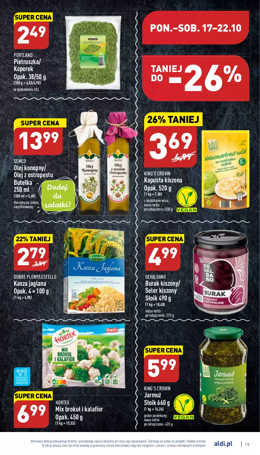 Gazetka promocyjna Aldi - Pełny katalog - ważna 17.10 do 22.10.2022 - strona 19 - produkty: Hortex, Jarmuż, Kalafior, Kasza, Kasza jaglana, LANA, Olej, Ostropes, Pietruszka, Por, Sałat