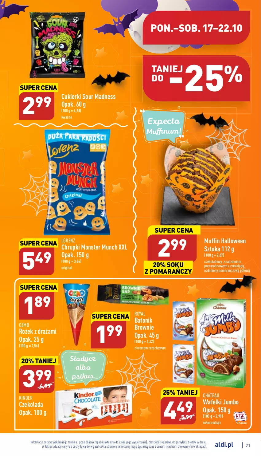 Gazetka promocyjna Aldi - Pełny katalog - ważna 17.10 do 22.10.2022 - strona 21 - produkty: Baton, Brownie, Chrupki, Cukier, Cukierki, Czekolada, Gin, Kinder, Lorenz, Monster Munch, Sok, Tonik