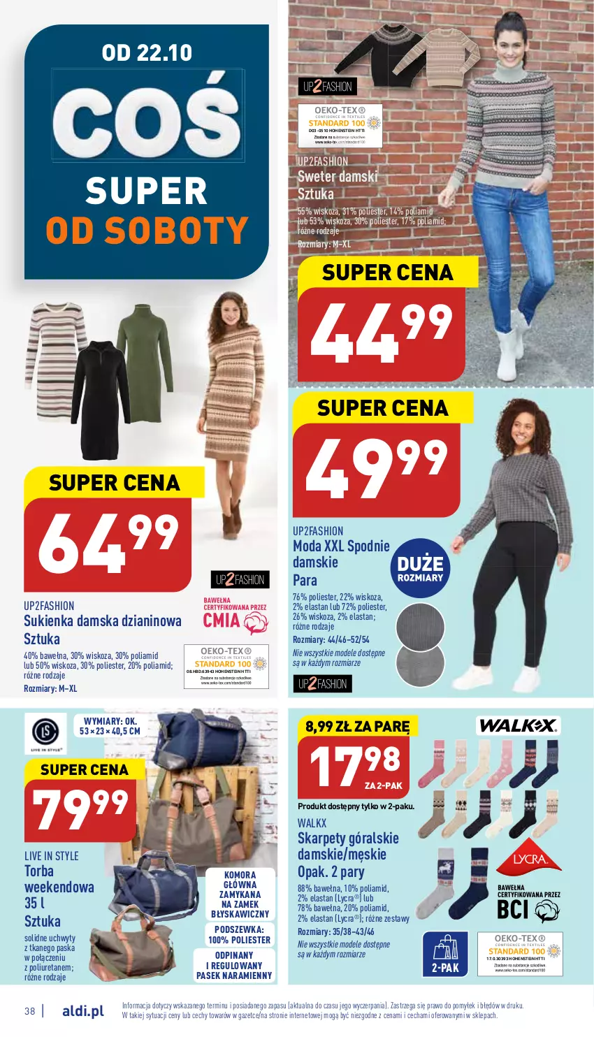 Gazetka promocyjna Aldi - Pełny katalog - ważna 17.10 do 22.10.2022 - strona 38 - produkty: Fa, Karp, Moda, Pasek, Spodnie, Sukienka, Sweter, Torba, Uchwyty, Wełna