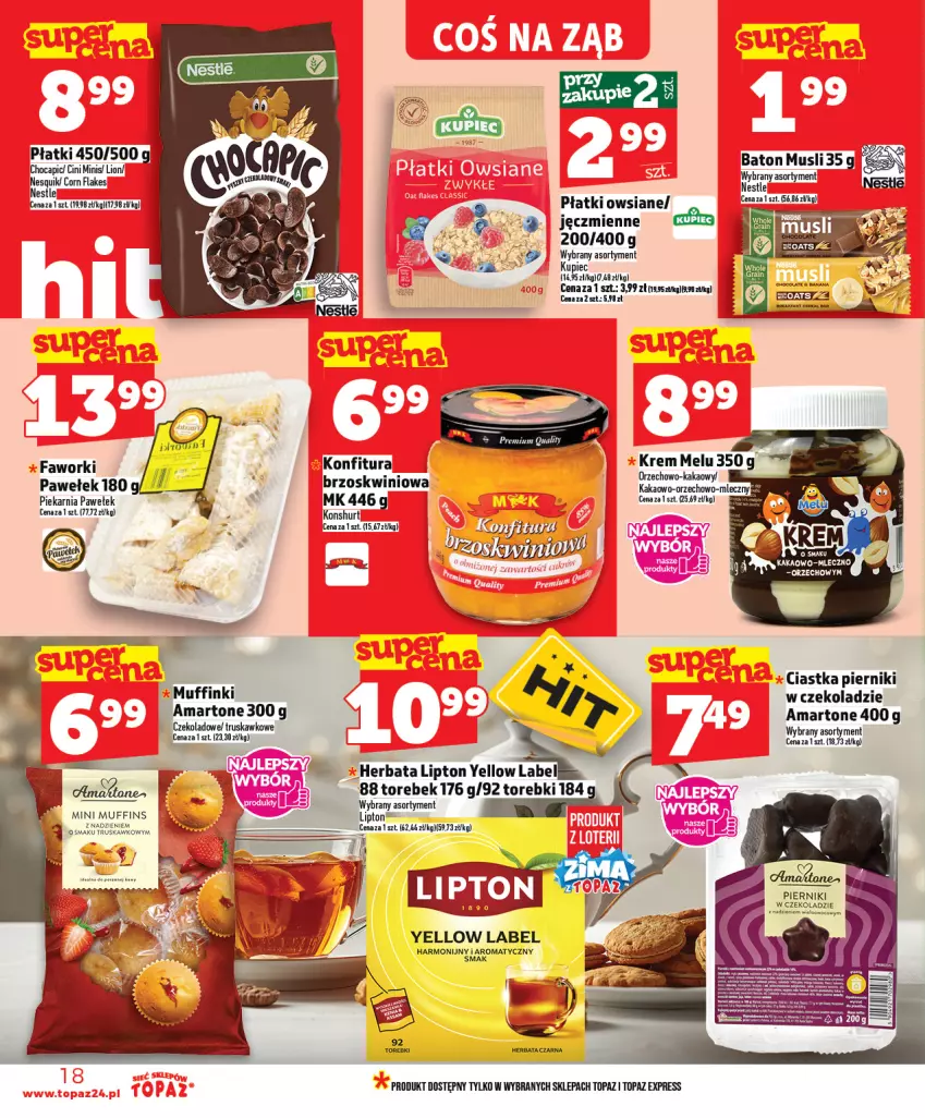 Gazetka promocyjna Topaz - Gazetka - ważna 15.01 do 21.01.2026 - strona 18 - produkty: Ciastka, Cini Minis, Corn flakes, Fa, Faworki, Herbata, Konfitura, Lion, Lipton, Muffinki, Nesquik, Piernik, Pierniki w czekoladzie, Płatki owsiane, Top