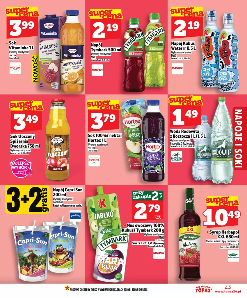 Gazetka promocyjna Topaz - Gazetka - ważna 15.01 do 21.01.2026 - strona 23 - produkty: Herbapol, Hortex, Kubuś, Mus, Napój, Nektar, Sok, Top, Tymbark, Woda