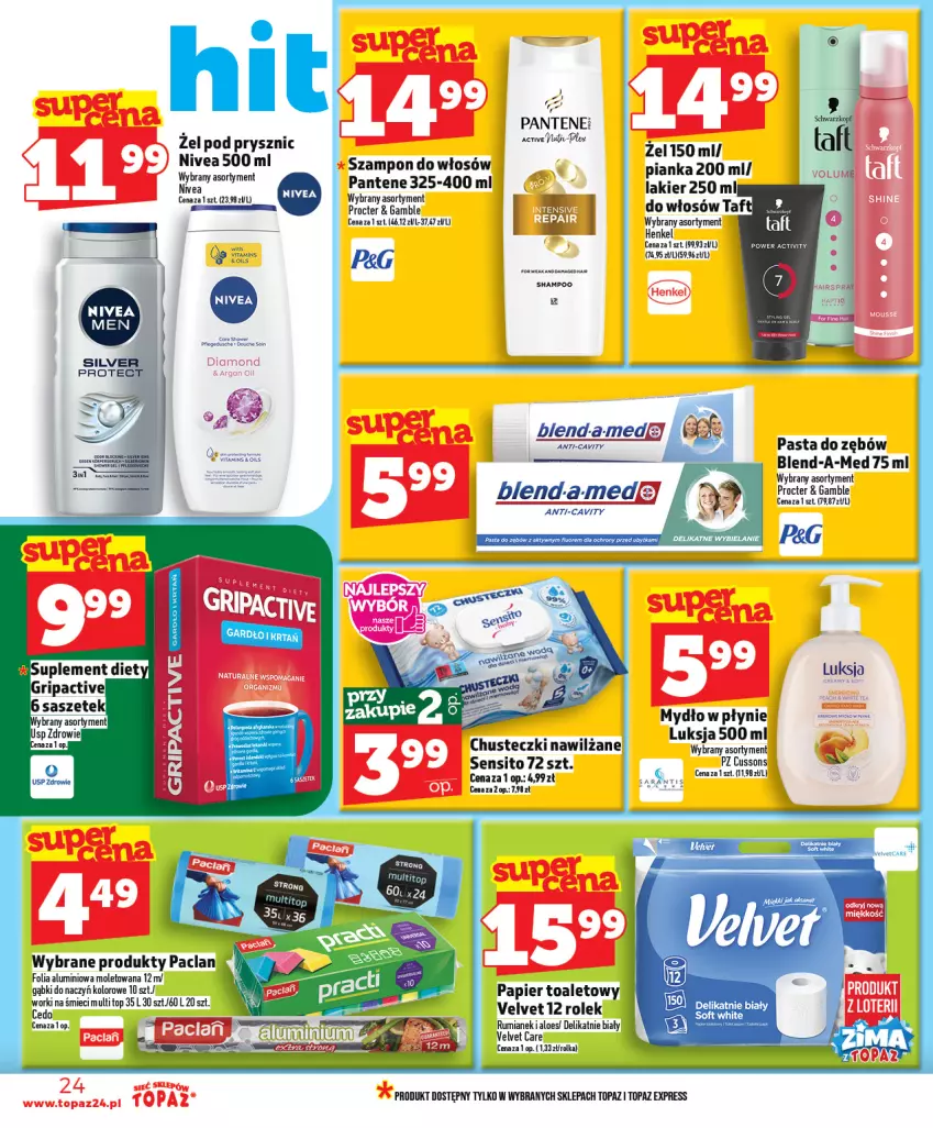 Gazetka promocyjna Topaz - Gazetka - ważna 15.01 do 21.01.2026 - strona 24 - produkty: Blend-a-Med, Chusteczki, Folia aluminiowa, Lakier, Luksja, Mydło, Mydło w płynie, Nivea, Pantene, Papier, Papier toaletowy, Pasta do zębów, Rum, Sito, Suplement diety, Szampon, Taft, Top, Velvet, Worki na śmiec, Worki na śmieci, Zdrowie