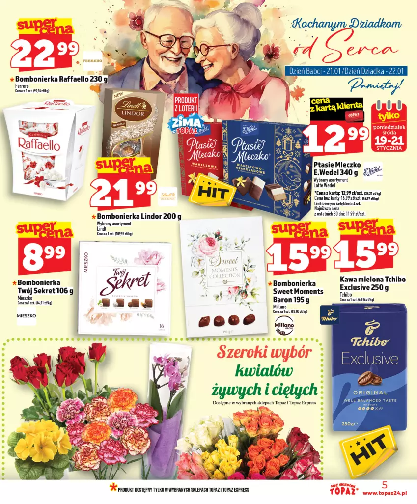Gazetka promocyjna Topaz - Gazetka - ważna 15.01 do 21.01.2026 - strona 5 - produkty: Fa, Ferrero, Kawa, Kawa mielona, Kret, Lindor, Lindt, Mleczko, Moments, Ptasie mleczko, Raffaello, Tchibo, Top