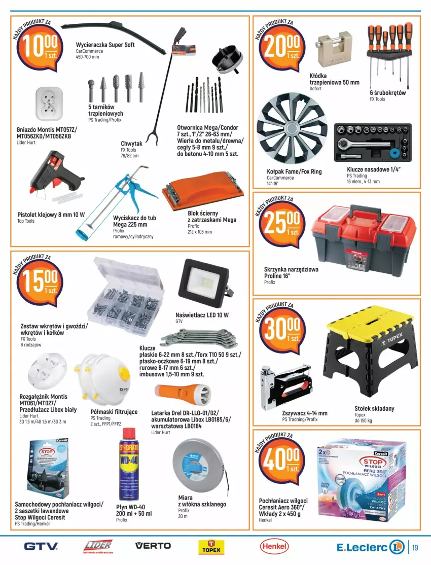 Gazetka promocyjna E Leclerc - ważna 01.03 do 12.03.2022 - strona 19 - produkty: Akumulator, Ceresit, Fa, Gwoździ/, Klej, Klucze płaskie, Kołpak, Latarka, LG, Pistolet, Pistolet klejowy, Pochłaniacz wilgoci, Rozgałęźnik, Skrzynka narzędziowa, Stołek, Tarka, Top, WD-40, Wkręt, Wkrętów, Wycieraczka