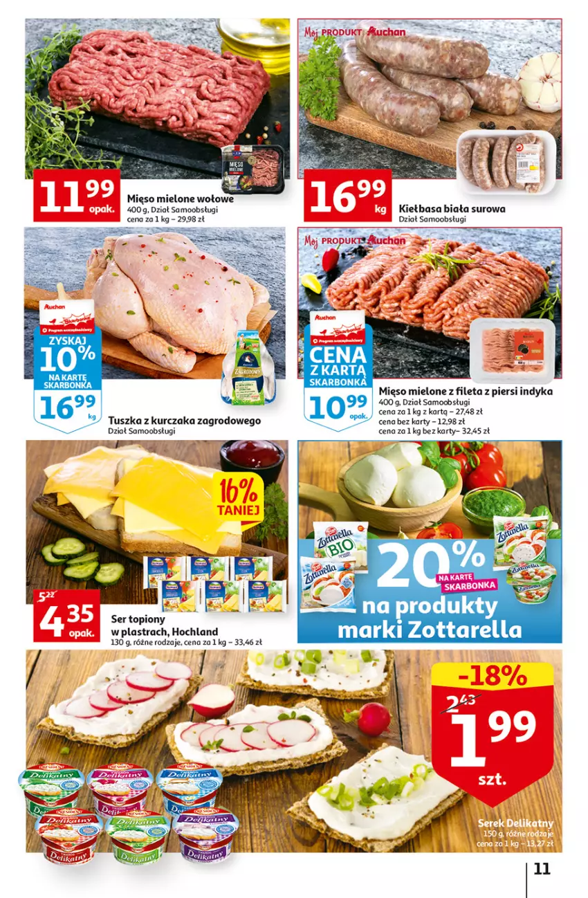 Gazetka promocyjna Auchan - Gazetka przeNISKIE CENY – Przekorzyści cenowe Hipermarkety - ważna 22.09 do 28.09.2022 - strona 11 - produkty: Hochland, Kiełbasa, Kiełbasa biała, Kurczak, Mięso, Mięso mielone, Ser, Ser topiony, Top, Tusz