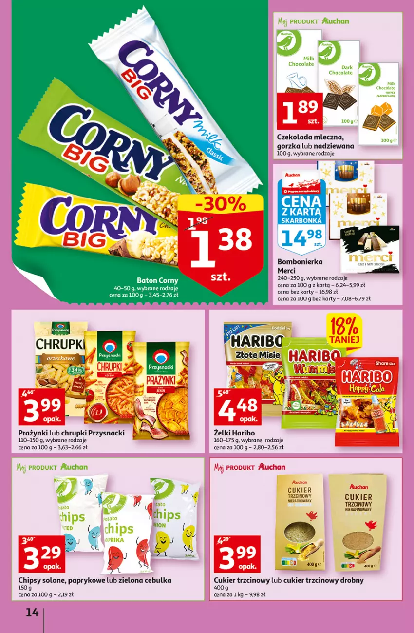 Gazetka promocyjna Auchan - Gazetka przeNISKIE CENY – Przekorzyści cenowe Hipermarkety - ważna 22.09 do 28.09.2022 - strona 14 - produkty: Chipsy, Chrupki, Cukier, Cukier trzcinowy, Czekolada, Czekolada mleczna, Fa, Haribo, Merci