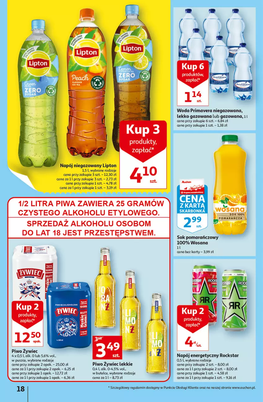 Gazetka promocyjna Auchan - Gazetka przeNISKIE CENY – Przekorzyści cenowe Hipermarkety - ważna 22.09 do 28.09.2022 - strona 18 - produkty: Gra, Lipton, Napój, Napój energetyczny, Napój niegazowany, Piwa, Piwo, Prima, Primavera, Sok, Sok pomarańczowy, Woda, Wosana