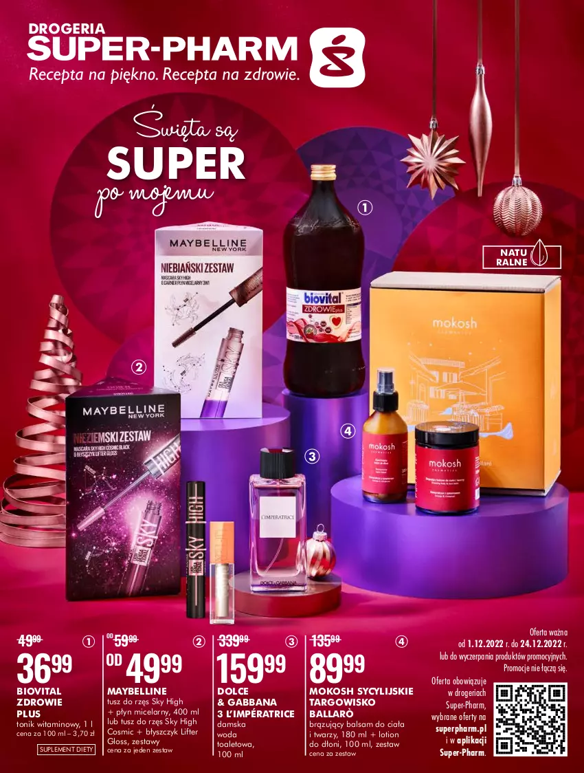 Gazetka promocyjna Super Pharm - Gazetka - ważna 01.12 do 24.12.2022 - strona 1 - produkty: Balsam do ciała, Bell, Biovital, Maybelline, Płyn micelarny, Suplement diety, Tonik, Tusz, Woda, Woda toaletowa, Zdrowie