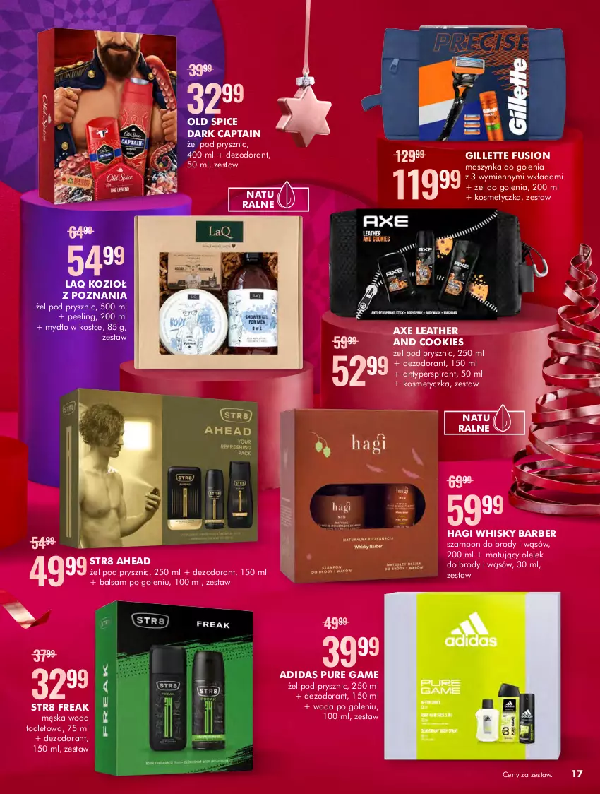 Gazetka promocyjna Super Pharm - Gazetka - ważna 01.12 do 24.12.2022 - strona 17 - produkty: Adidas, Antyperspirant, Balsam po goleniu, Dezodorant, Fusion, Gillette, Kosmetyczka, Maszynka, Maszynka do golenia, Mydło, Old Spice, Olej, Peeling, Pur, Str8, Szampon, Szynka, Whisky, Woda, Woda po goleniu, Woda toaletowa