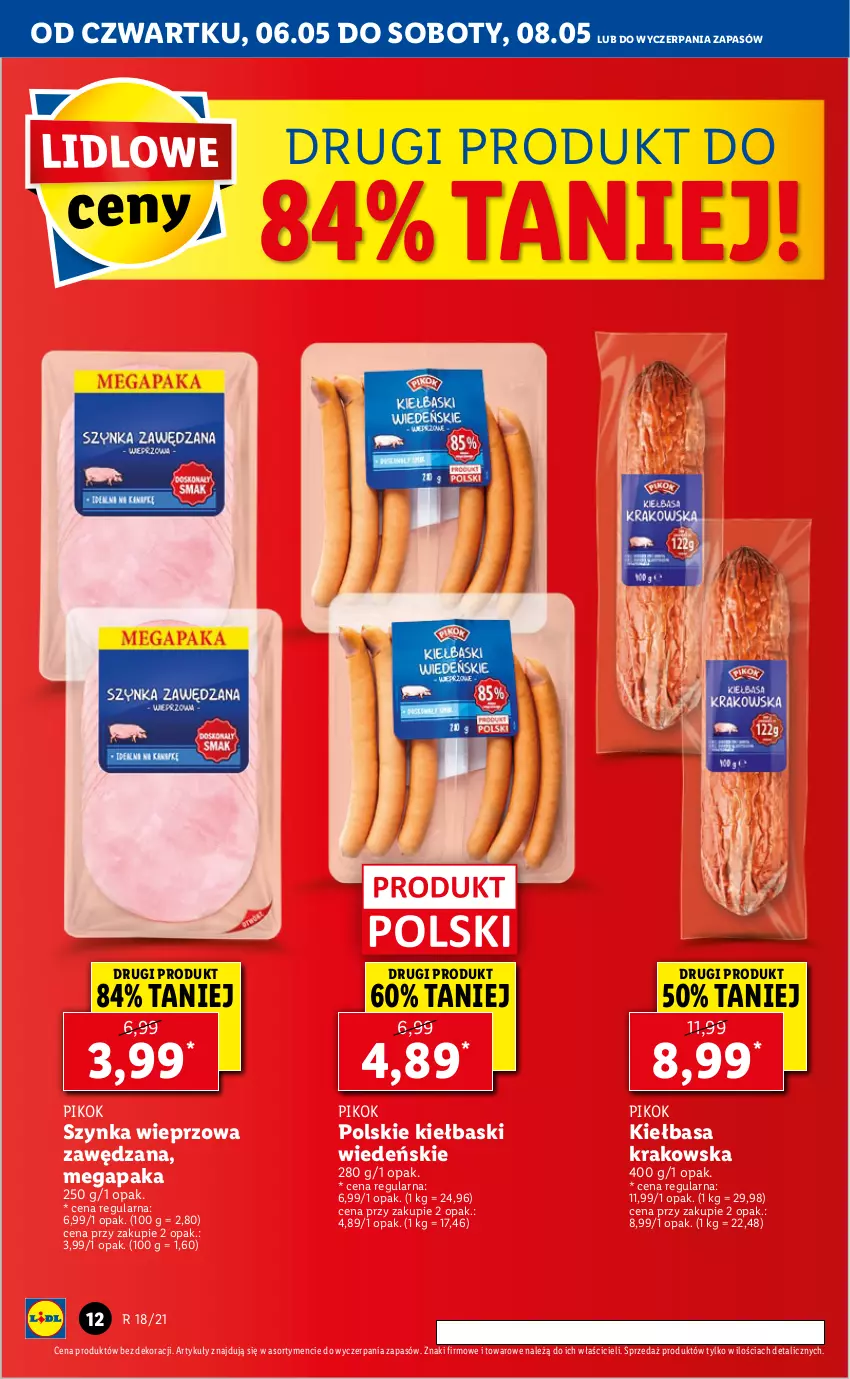 Gazetka promocyjna Lidl - GAZETKA - ważna 06.05 do 08.05.2021 - strona 12 - produkty: Kiełbasa, Kiełbasa krakowska, PIKOK, Szynka, Szynka wieprzowa