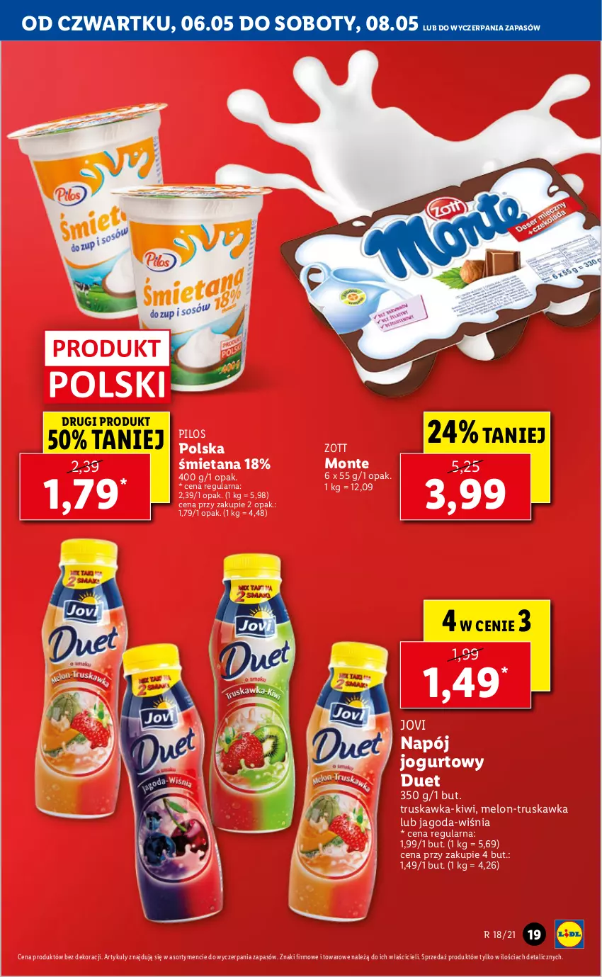 Gazetka promocyjna Lidl - GAZETKA - ważna 06.05 do 08.05.2021 - strona 19 - produkty: Jogurt, Kiwi, Melon, Monte, Napój, Napój jogurtowy, Pilos, Zott